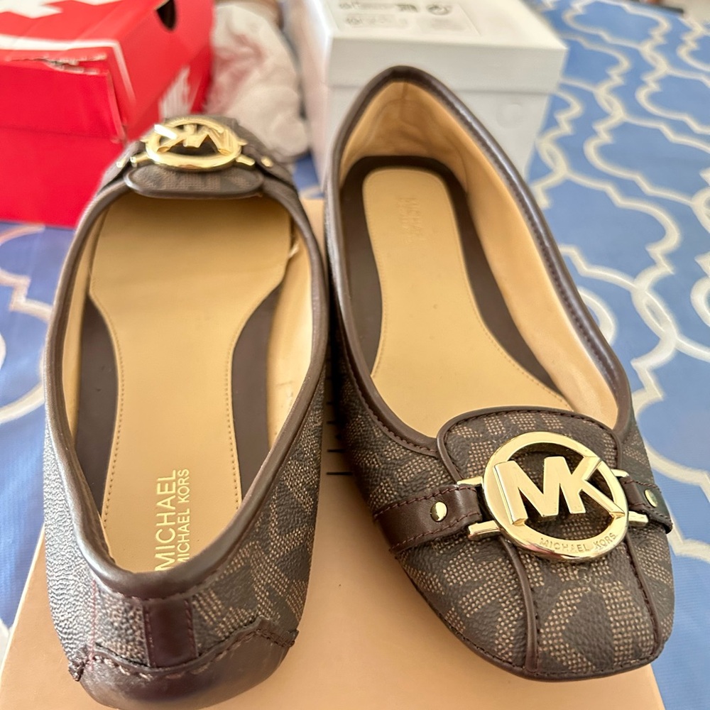 Michael Kors Brown Logo Leather-Trim Ballet Flats with Gold MK Emblem